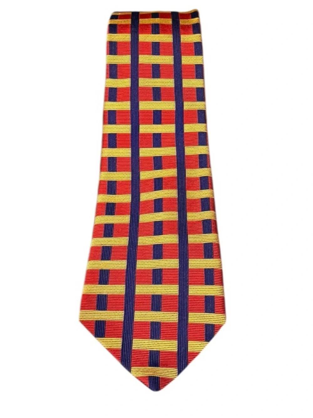 Bullock & Jones Silk Necktie Made England Red Gold Navy Geometric Grid